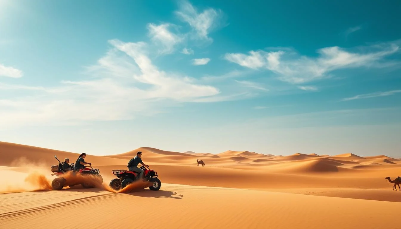 Tourists enjoying a thrilling dune bashing experience in a 4x4 vehicle across the golden sands of Dubai's desert at sunset