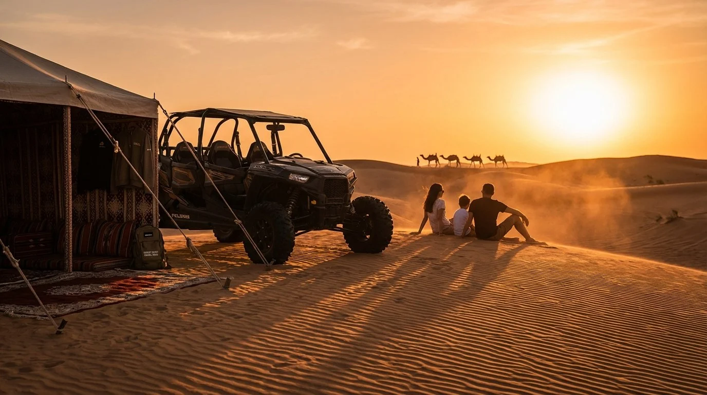 A group of people enjoying a private desert safari in Dubai, with a dune buggy in the foreground and vast red dunes stretching into the horizon under