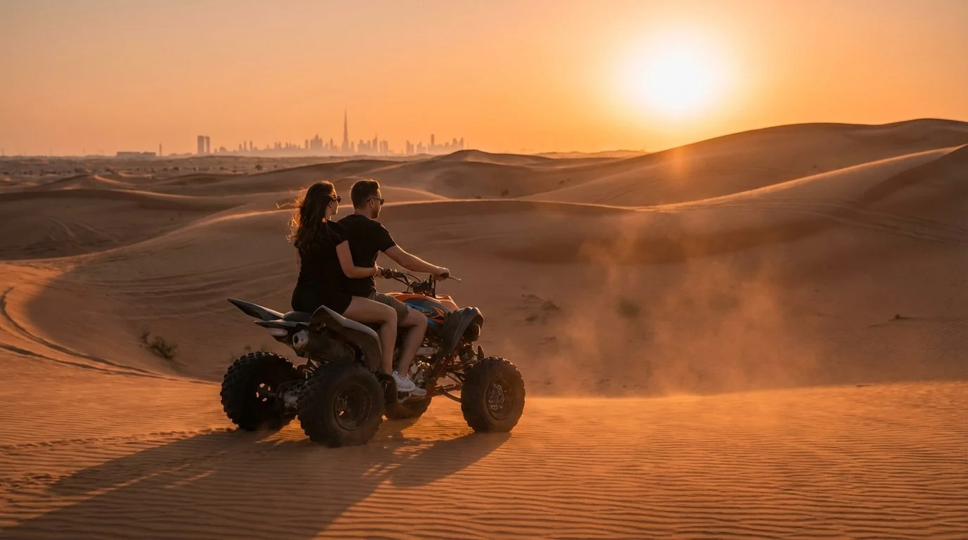 Tourists riding quad bikes and enjoying a BBQ dinner at an evening safari camp in Dubai's desert