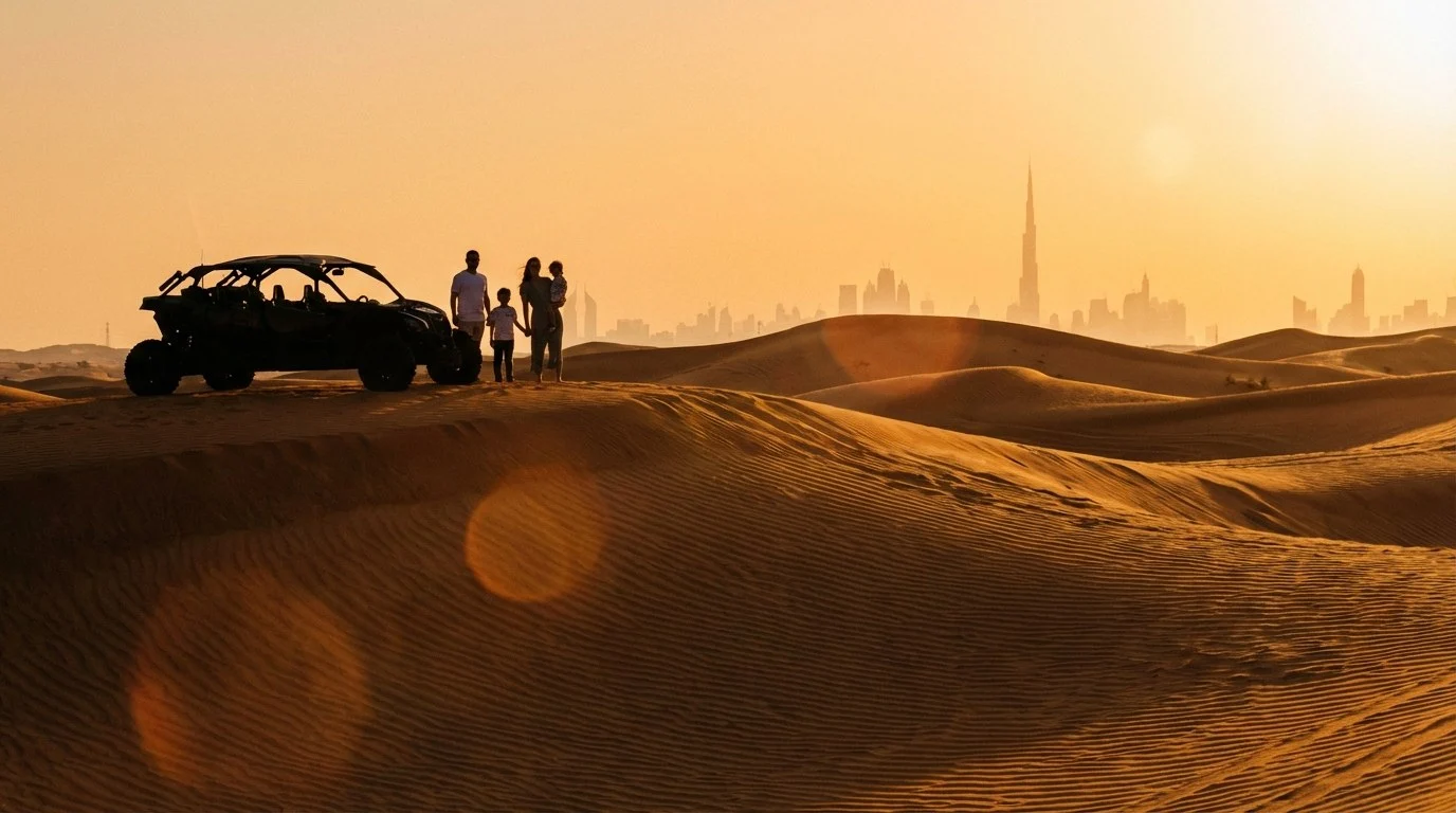 Tourists riding dune buggies across red Dubai dunes at sunset, enjoying a desert safari adventure with family and friends