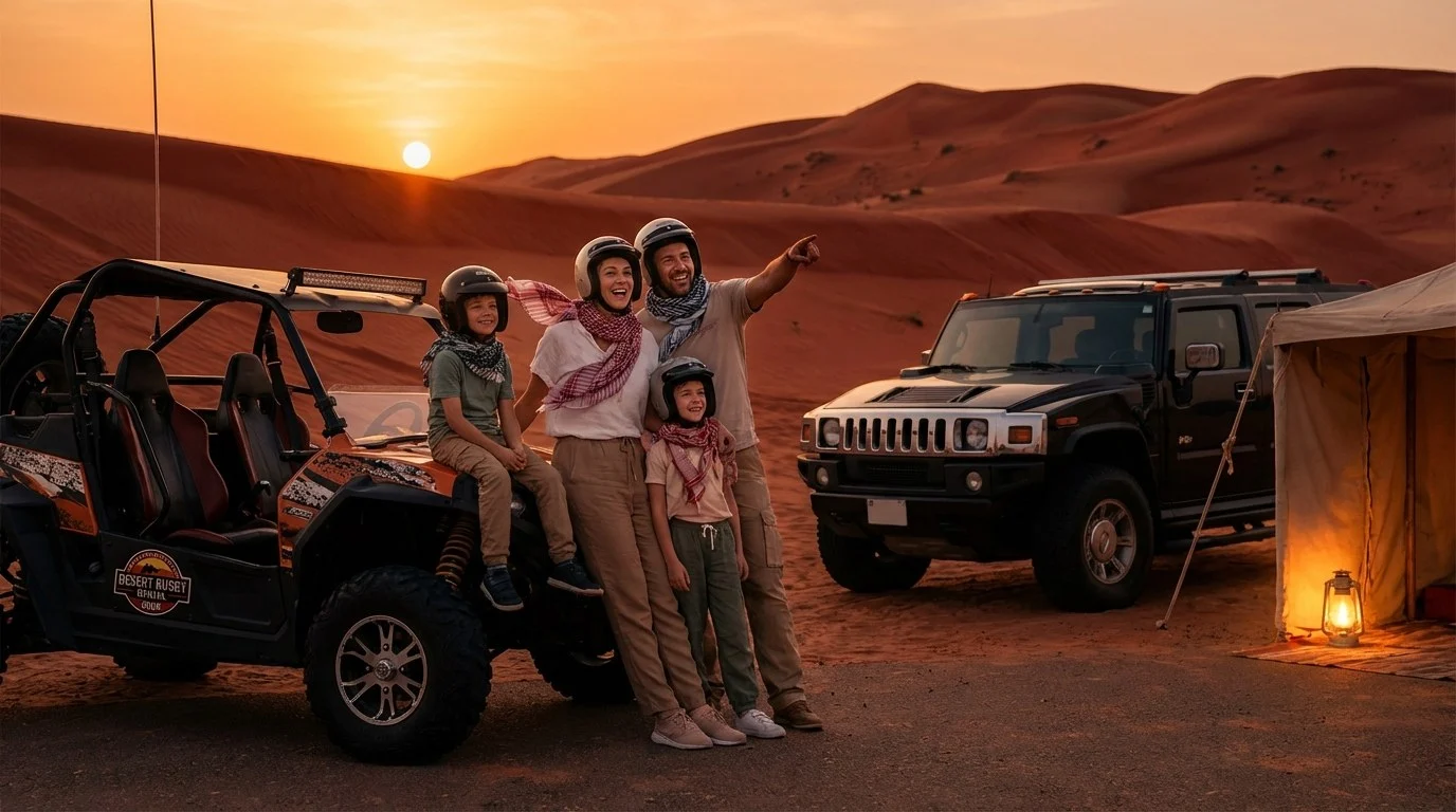 A family of four, including two young children, smiling and posing in front of a dune buggy in the Abu Dhabi desert at sunset