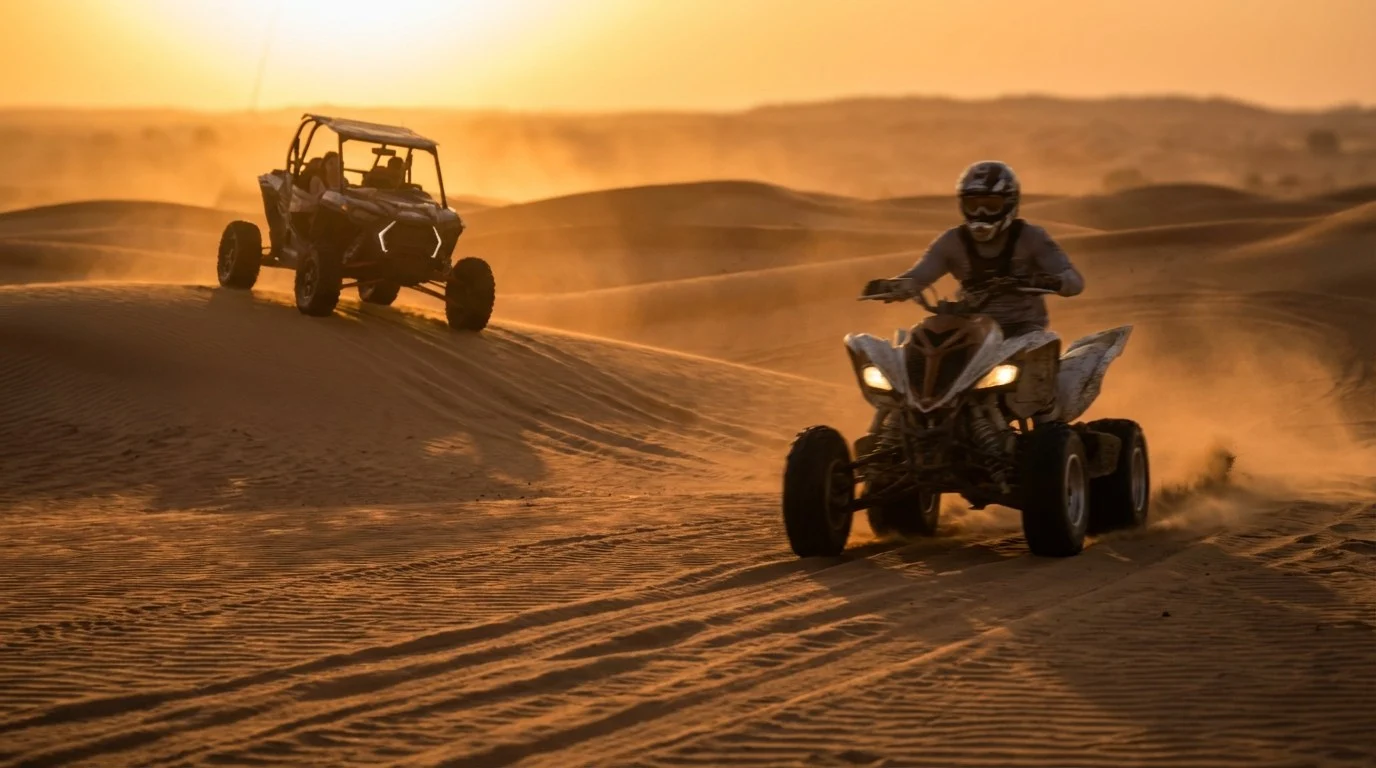 Tourists riding quad bikes through the varied desert landscapes of Ras Al Khaimah with a licensed guide leading the way