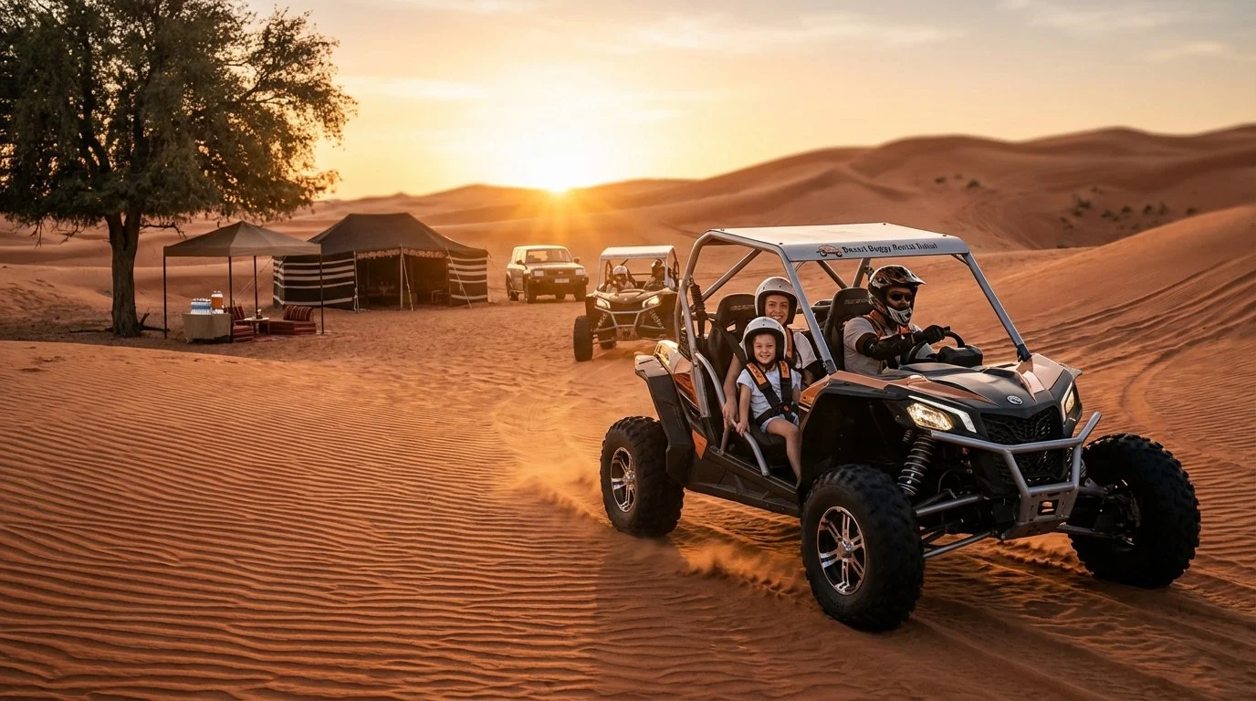 A family in a desert buggy, driven by a licensed guide, enjoying a golden-hour tour through the red dunes of Lahbab, Dubai, with booster seats