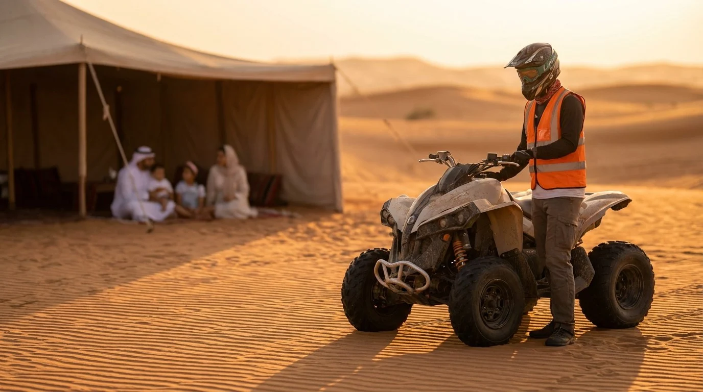 Tourists wearing helmets and goggles riding quad bikes in a line across the red sand dunes of the Dubai desert at sunset