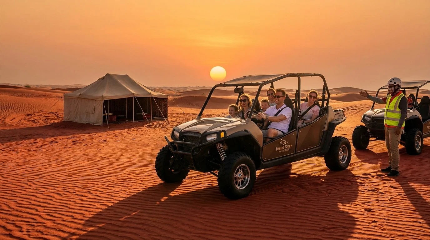 Families enjoying a dune buggy tour across the red dunes of Ras Al Khaimah desert, with children safely secured