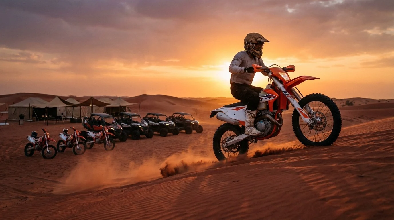 Two tourists on KTM dirt bikes riding across the red dunes of Lahbab desert in Dubai at sunset, kicking up sand
