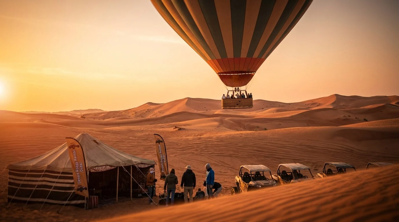Several colorful hot air balloons floating high above the red Lahbab Red Dunes desert at sunrise in Dubai, UAE