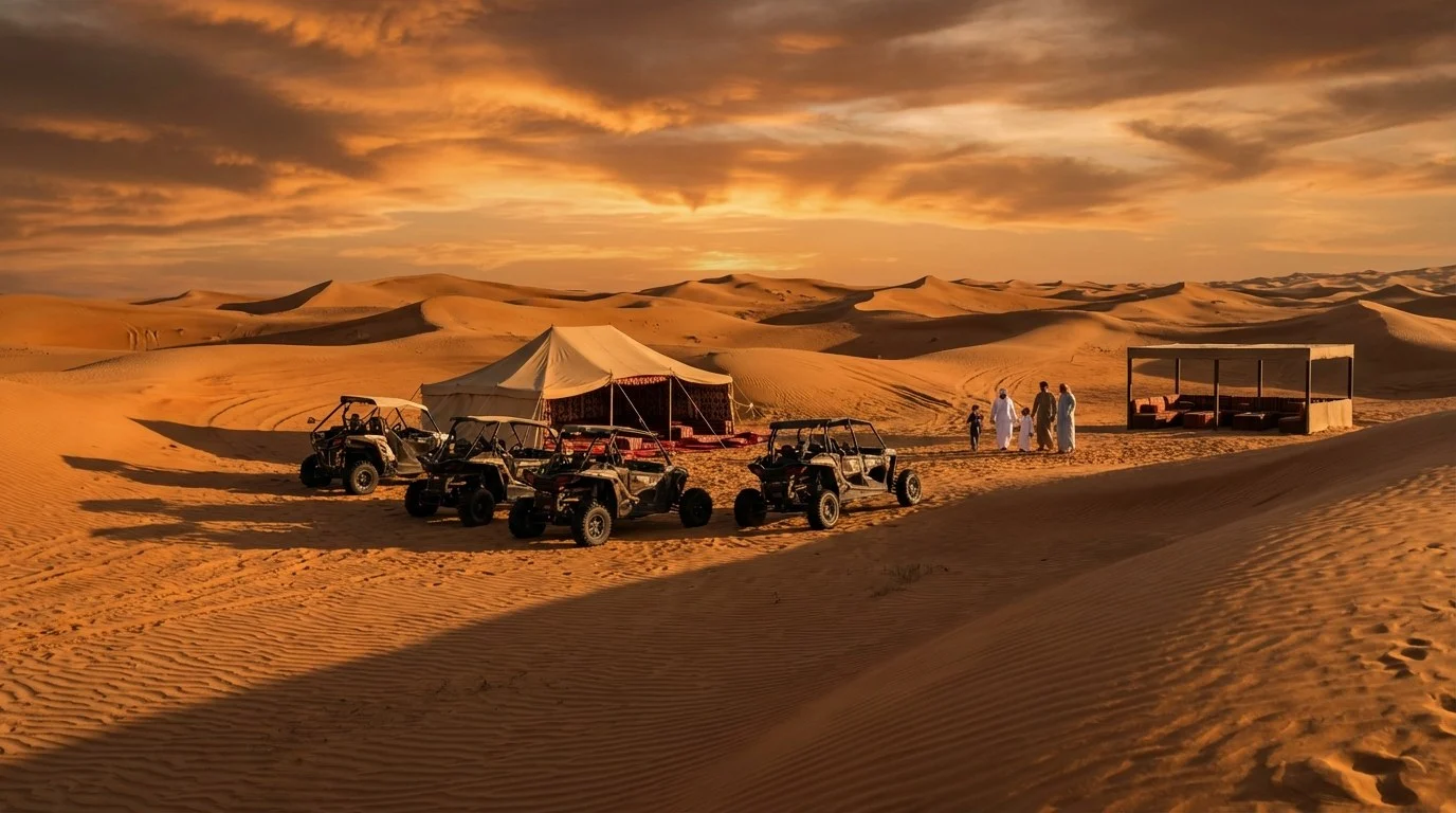 Tourists preparing for a morning desert safari in Dubai, receiving safety briefings and equipment checks before their adventure