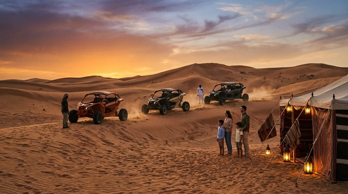 Tourists enjoying a desert safari at sunset in Ras Al Khaimah, with dunes and a vibrant sky in the background