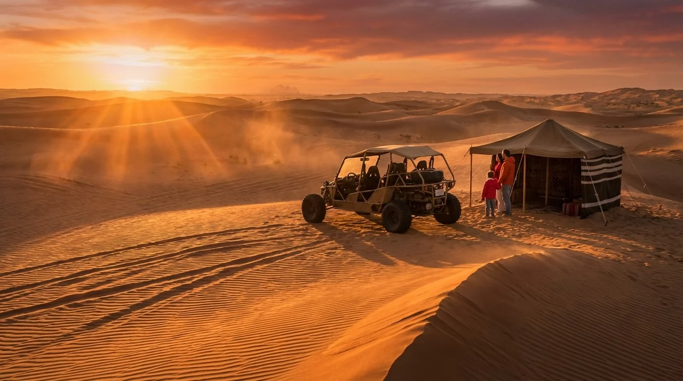 Tourists enjoying a morning desert safari in Dubai with cooler temperatures and firmer sand for activities