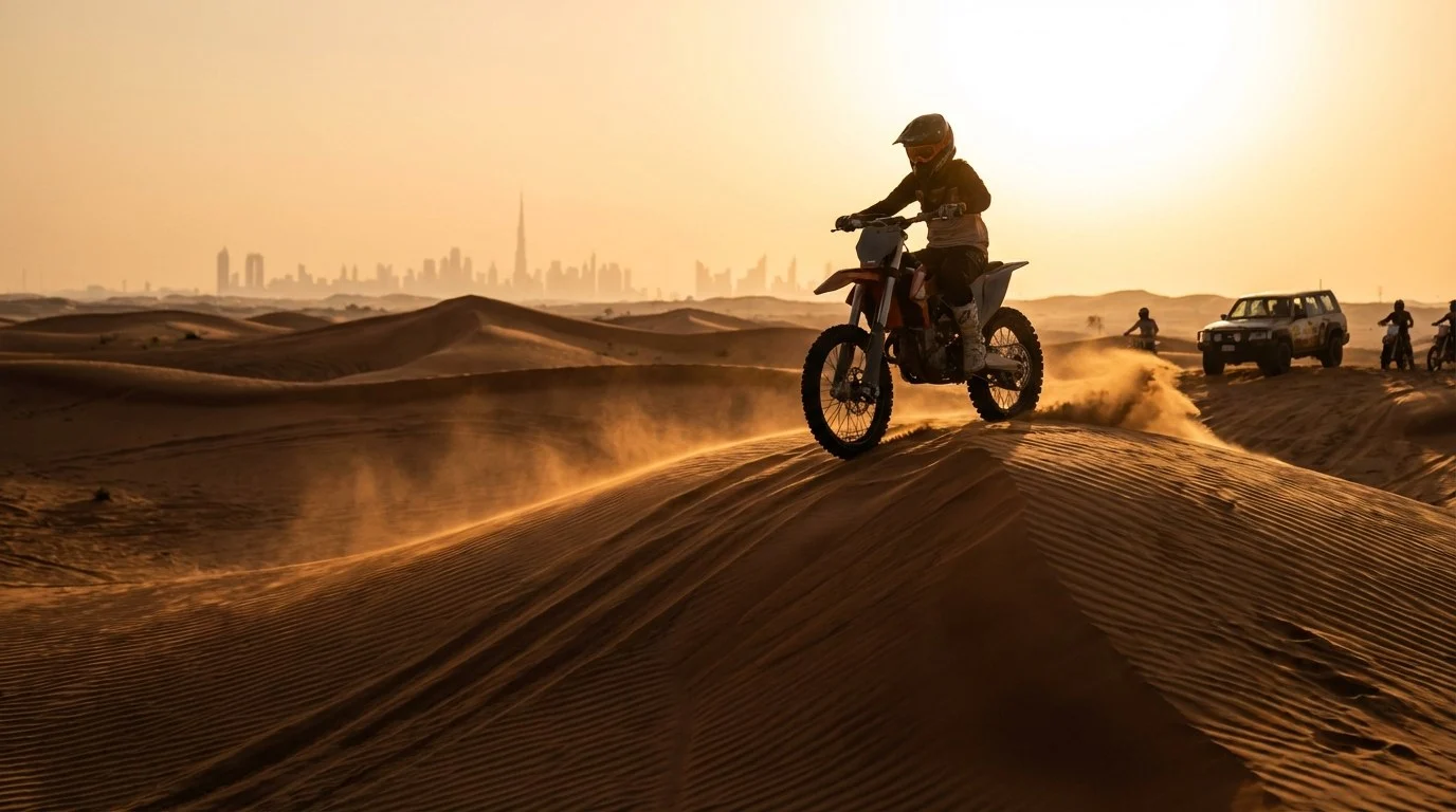 Dirt bike riders in full gear navigating the red Lahbab dunes of Dubai at sunset, kicking up sand
