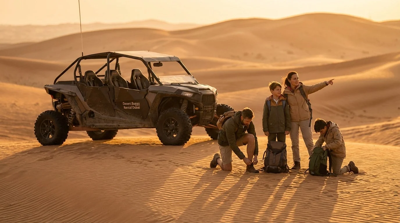 Tourists riding dune buggies across red Dubai dunes at sunset, with a guide leading the convoy