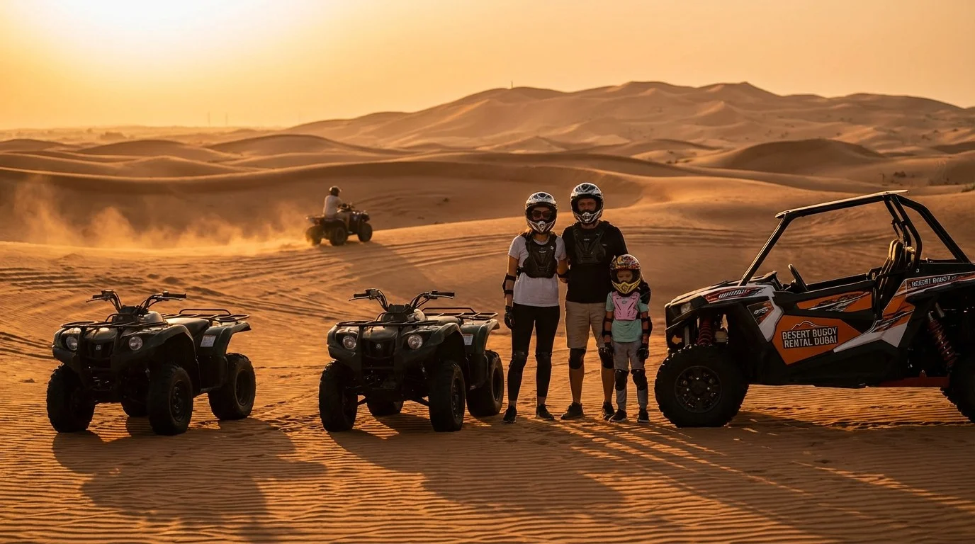 Tourists riding quad bikes in a convoy across the red dunes of Sharjah desert, with a guide leading the way