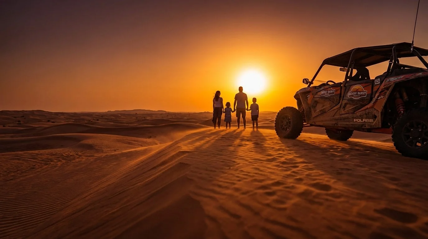 Desert tour guides meticulously inspecting a 4x4 vehicle before a desert safari in Abu Dhabi, ensuring safety and readiness for tourists