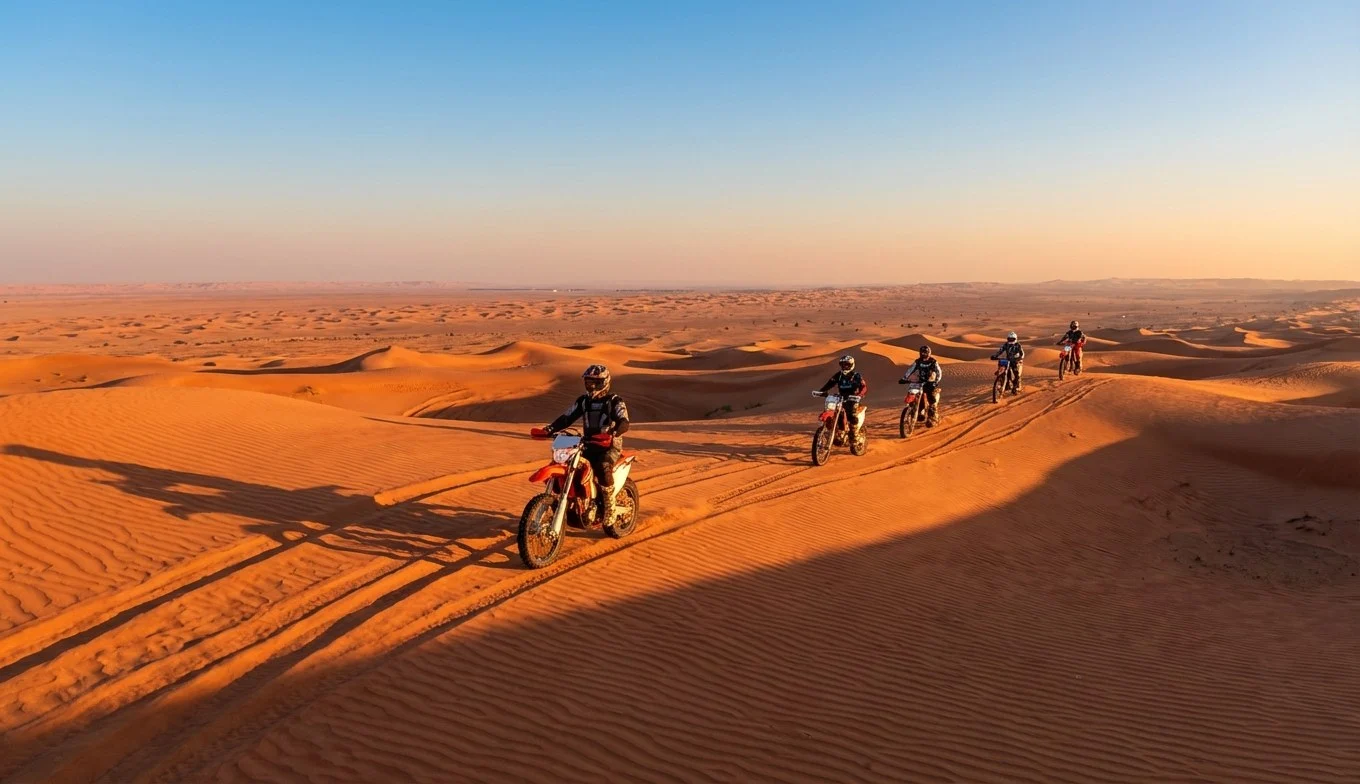 Tourists riding dirt bikes across the red Lahbab dunes in Dubai, with a support SUV in the background