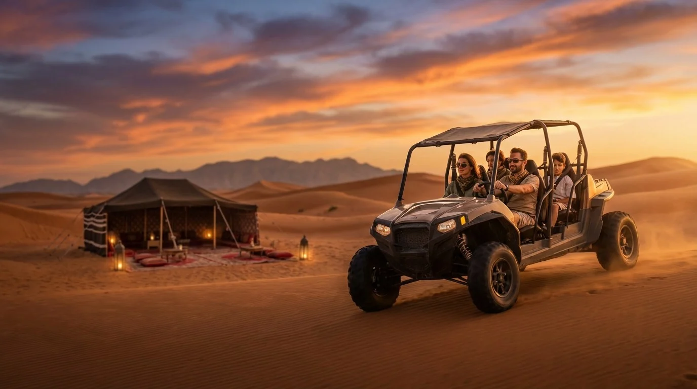 Tourists riding dune buggies across the red Lahbab dunes in Ras Al Khaimah at sunset, avoiding common booking traps