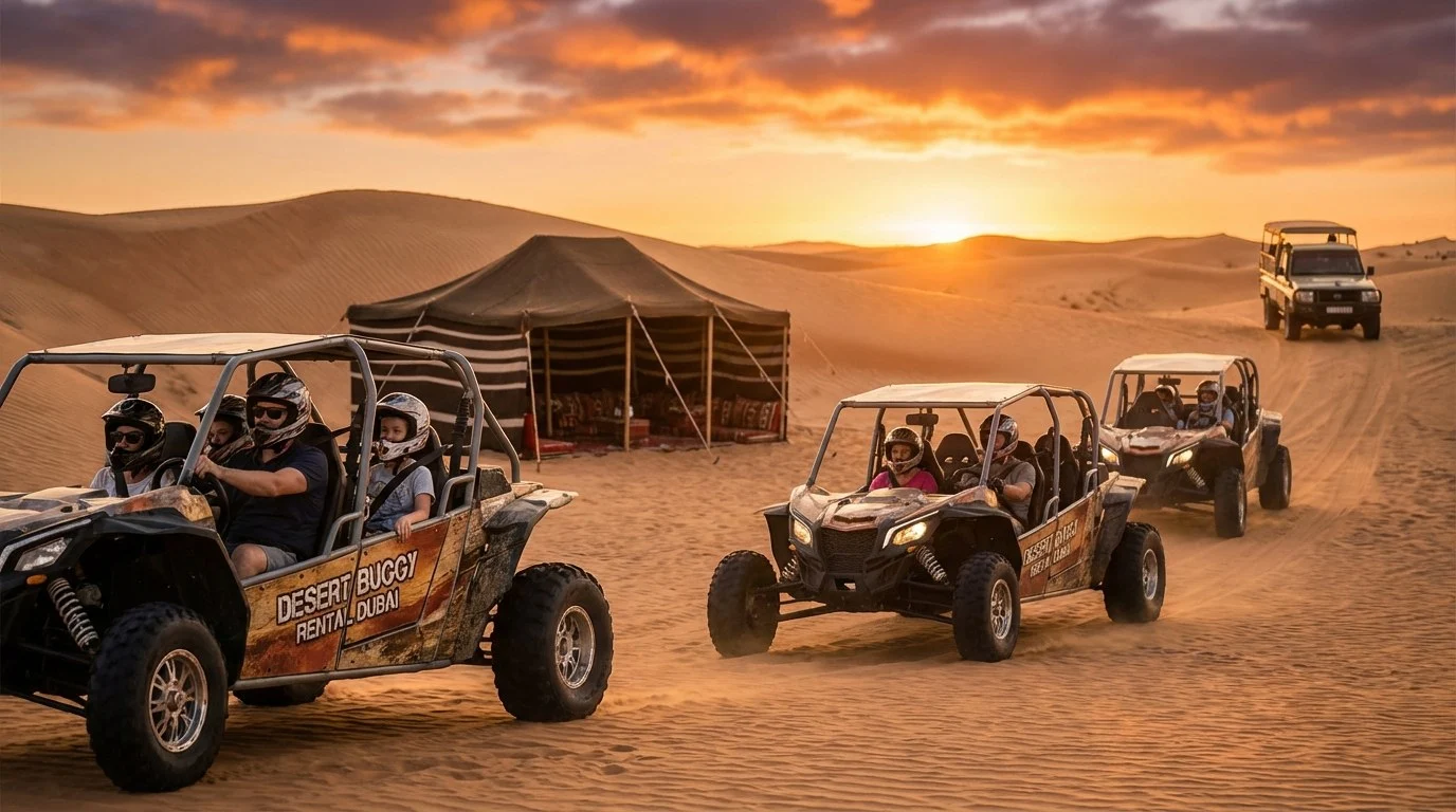 Tourists riding dune buggies across red Dubai dunes at sunset, enjoying a thrilling desert adventure with friends and family