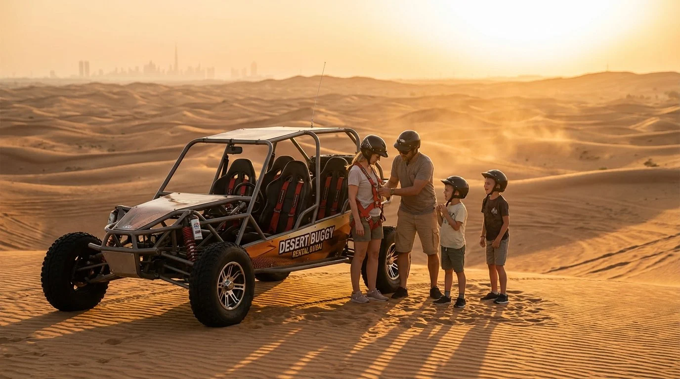 Tourists in helmets and harnesses driving dune buggies in a guided convoy across the red Lahbab desert dunes at sunset