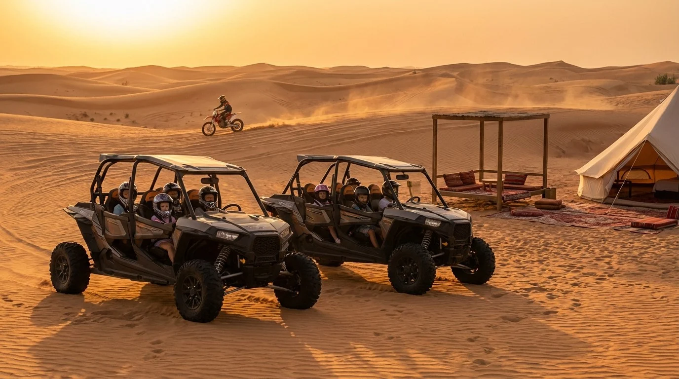 A family enjoying a desert adventure in Dubai, with children on dirt bikes and adults nearby, set against the backdrop of the Al Marmoom desert