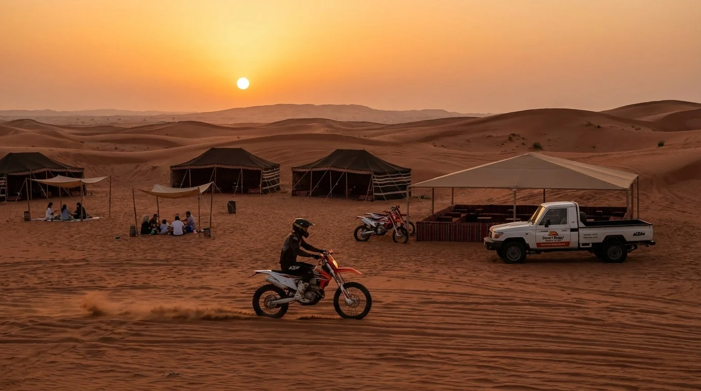 Tourists riding KTM dirt bikes across the red dunes of Dubai's Lahbab desert at sunset, guided by an instructor