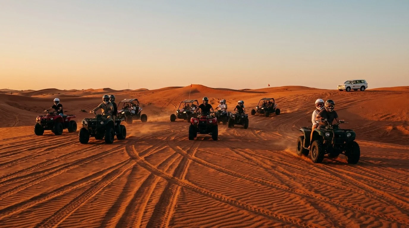 Tourists riding quad bikes in a convoy across the red Lahbab dunes of Dubai at sunset with a guide leading the way