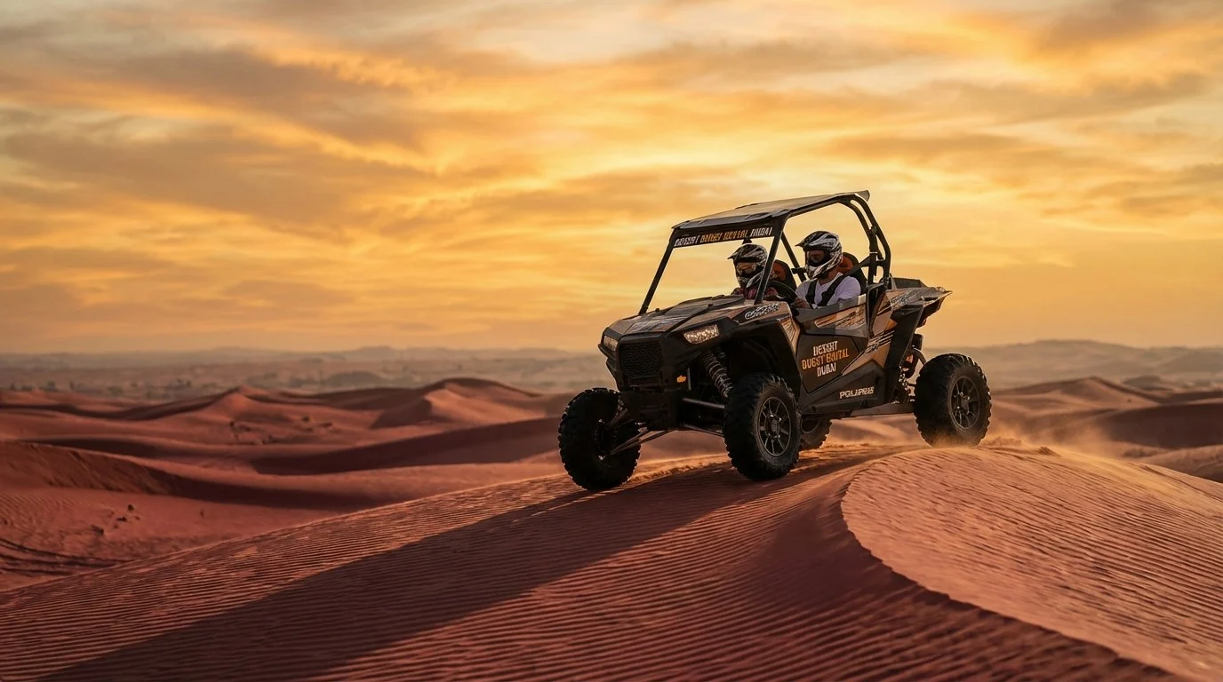 Family with children wearing helmets and safety gear, posing with a dune buggy on red dunes in Dubai at sunset, with a guide nearby.