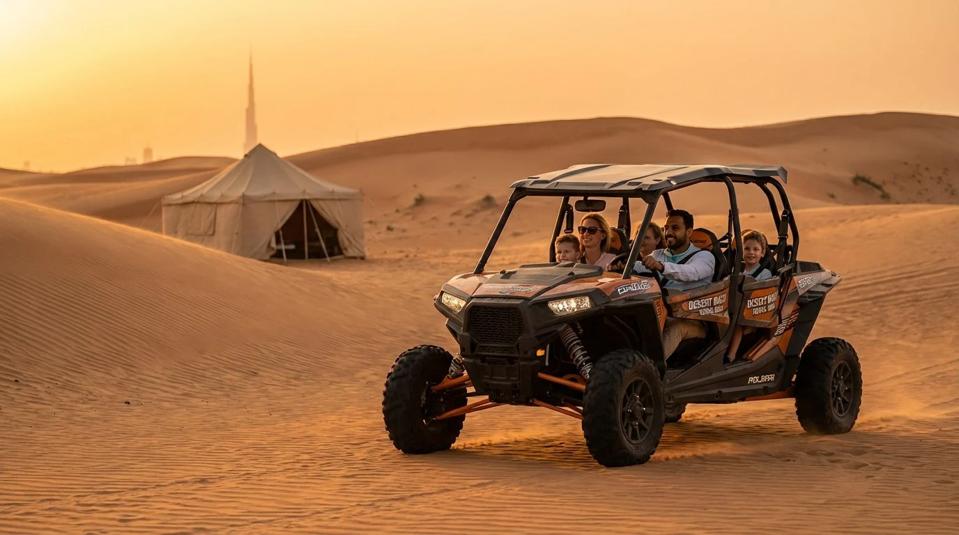 Tourists riding dune buggies across red Dubai dunes at sunset, enjoying an authentic desert safari experience in Sharjah