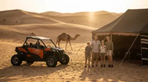 Families enjoying a morning desert safari in Abu Dhabi, with children and adults riding dune buggies across the sandy landscape under a clear sky