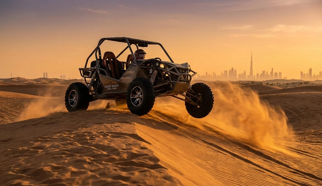 Tourists riding dune buggies across red Dubai dunes at sunset, with a support SUV following in the background