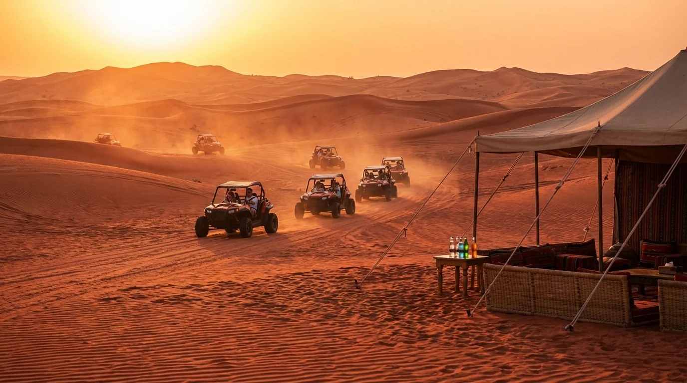 A family enjoying an evening desert safari in Ras Al Khaimah with a golden sunset in the background, featuring dunes and a camp setup.
