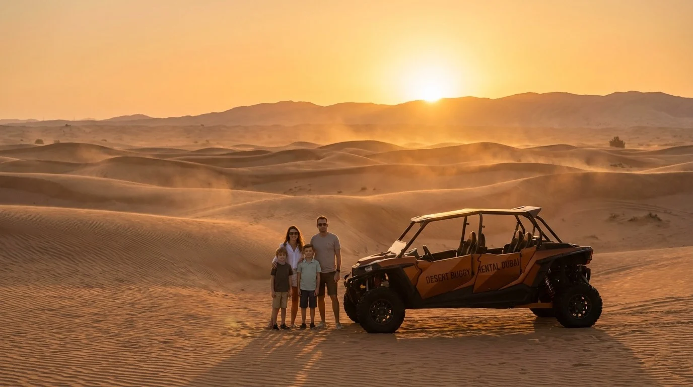 Tourists enjoying a morning desert safari in Dubai, with dune buggies and quad bikes visible against the sunrise