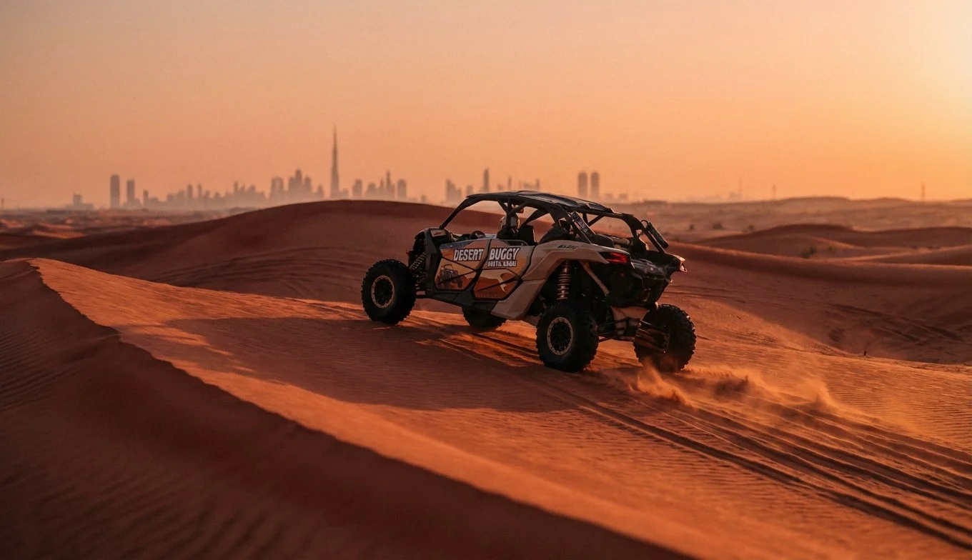 Tourists riding dune buggies across red Dubai dunes at sunset, highlighting a budget-friendly self-drive experience.
