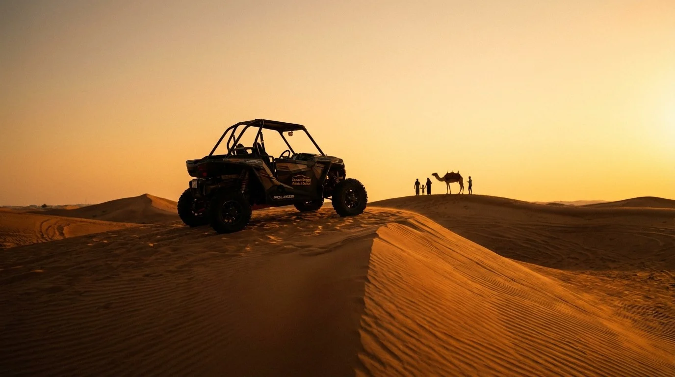 Family enjoying a desert safari in Abu Dhabi, with children riding camels and adults watching the sunset over the dunes.