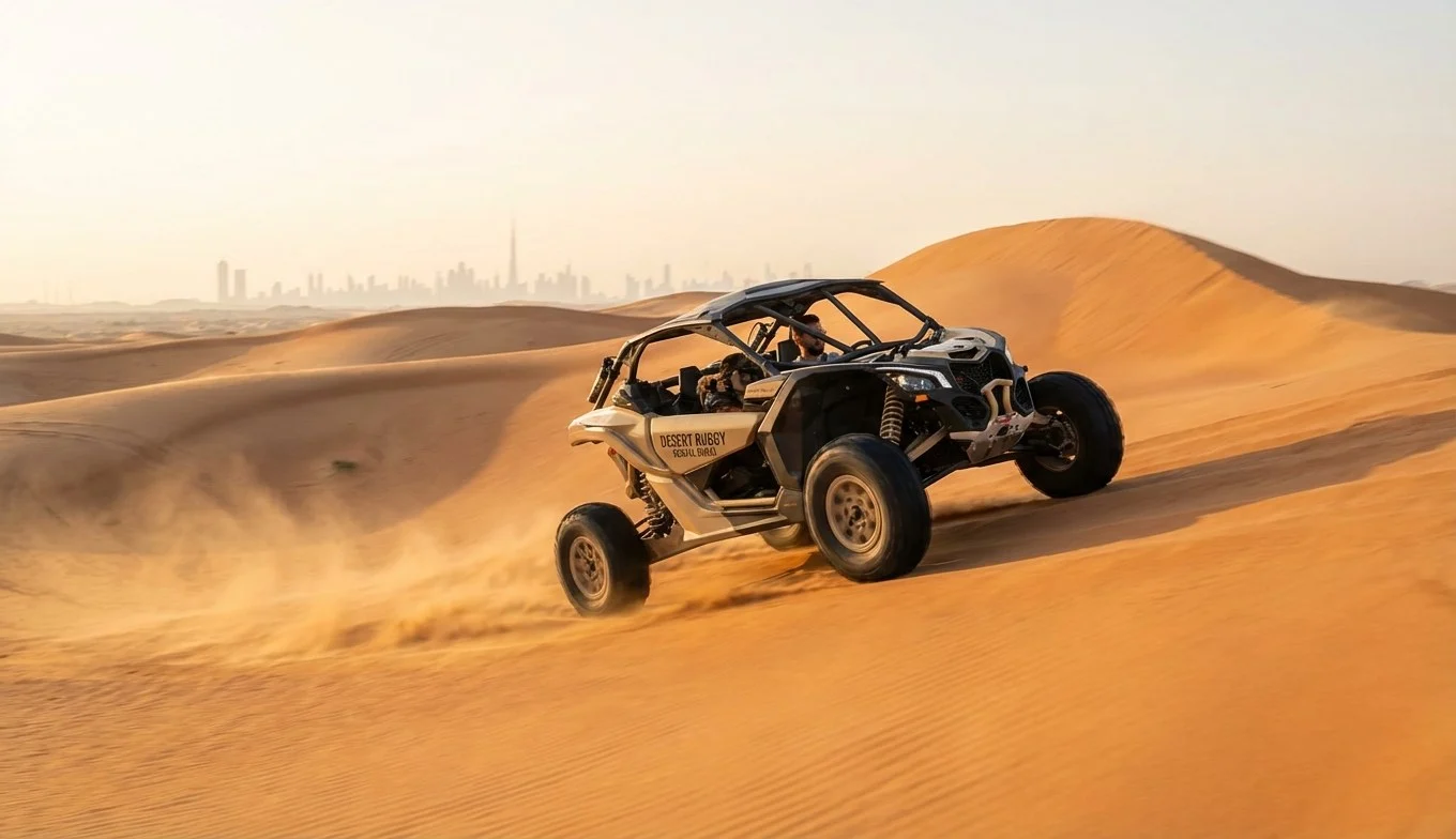 Tourists driving two-seater dune buggies across the red Lahbab desert dunes in Dubai at sunset