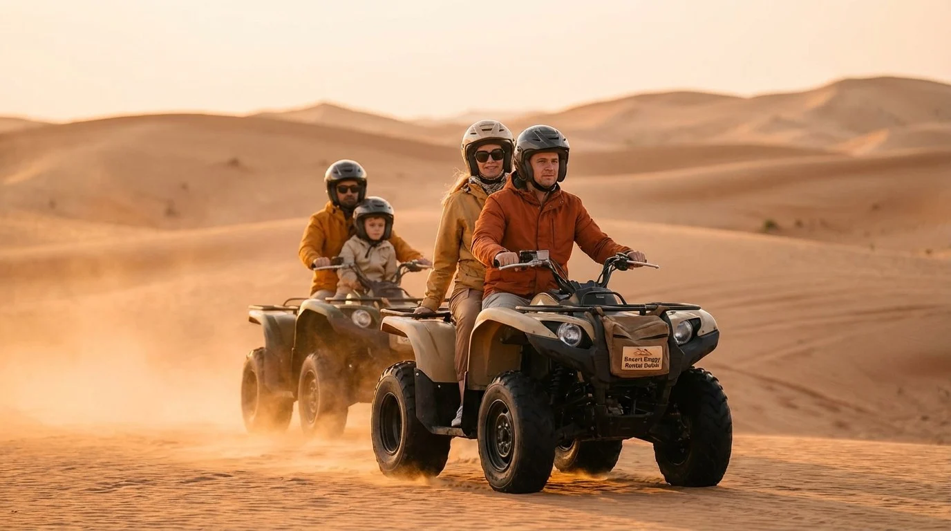 Tourists riding quad bikes through the dramatic red dunes of Ras Al Khaimah at sunset, with a guide leading the way