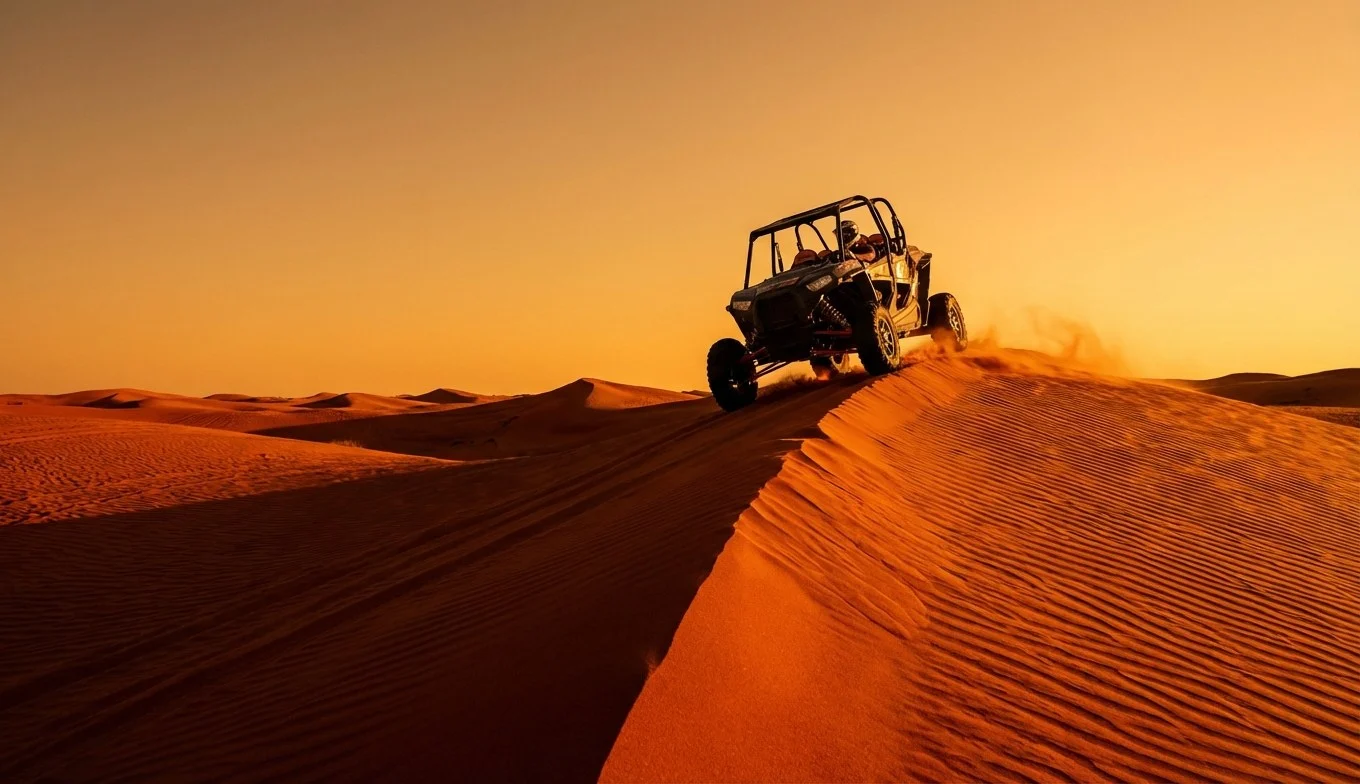 Tourists driving two-seat dune buggies across the Lahbab Red Dunes at sunset, with a support SUV trailing behind
