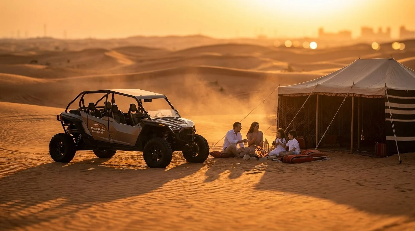 Tourists riding dune buggies across red Dubai dunes at sunset, with a family enjoying the desert landscape in the background
