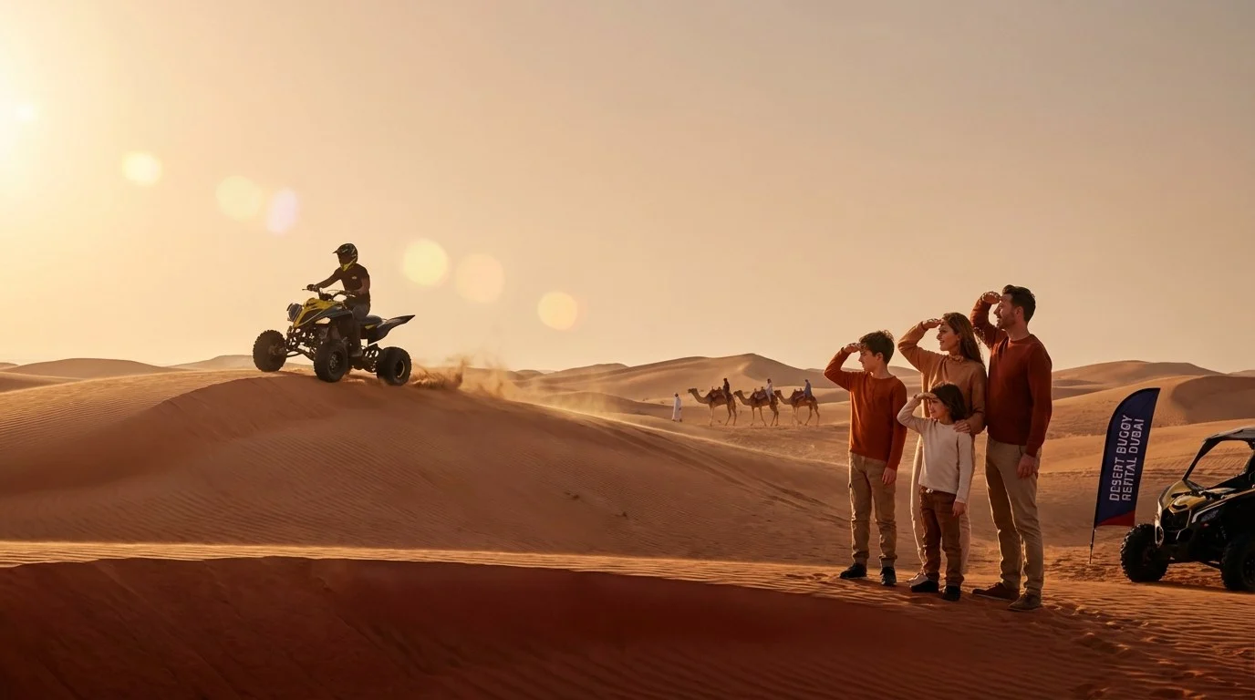 Tourists enjoying a camel trek and quad biking in the Ras Al Khaimah desert, offering diverse experiences for budget travelers in Dubai.