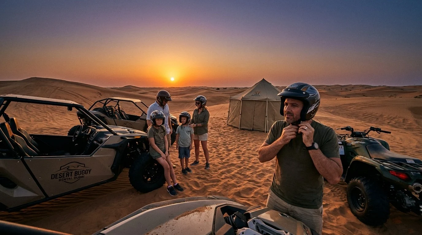 A group of quad bikers, including adults and children, riding through the golden sand dunes of the Dubai desert under a clear blue sky, with safety