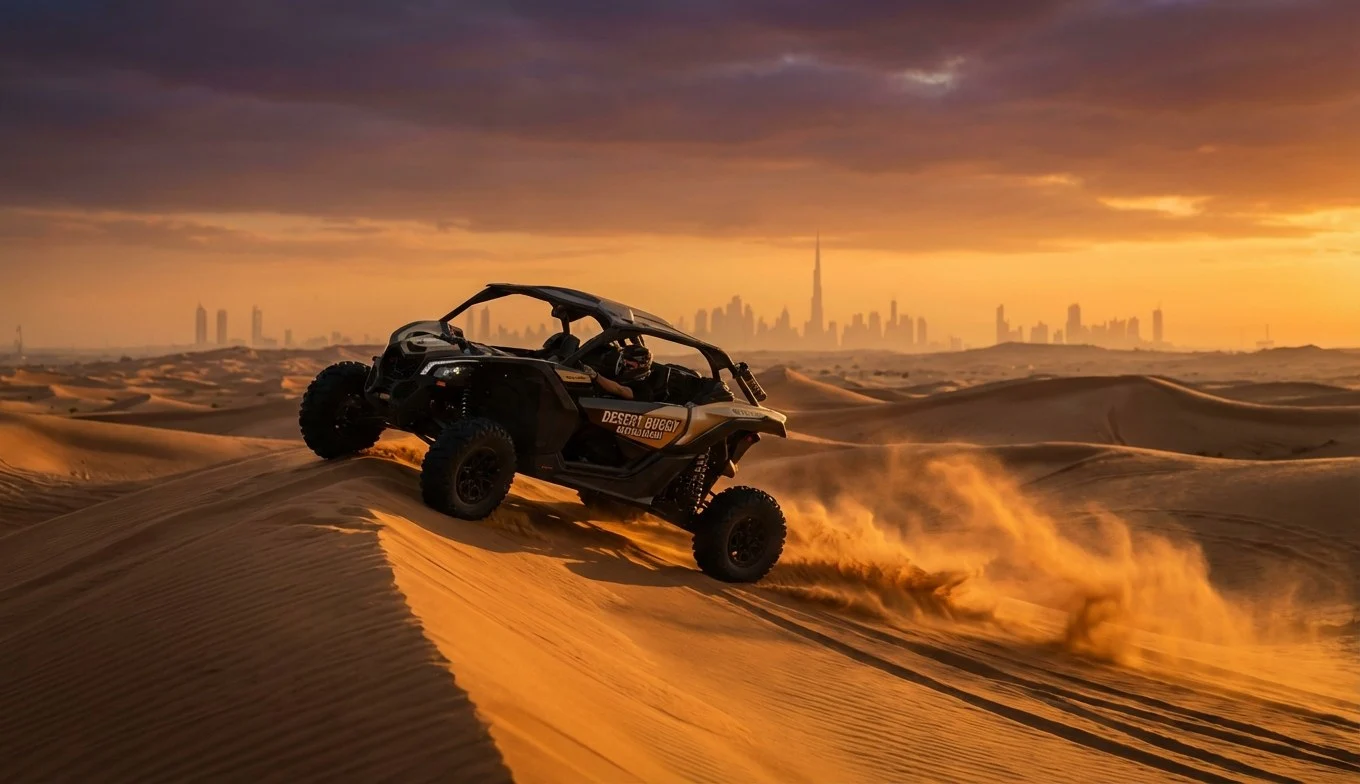 Tourists driving dune buggies across the Lahbab Red Dunes in Dubai at sunset, with a guide in the lead