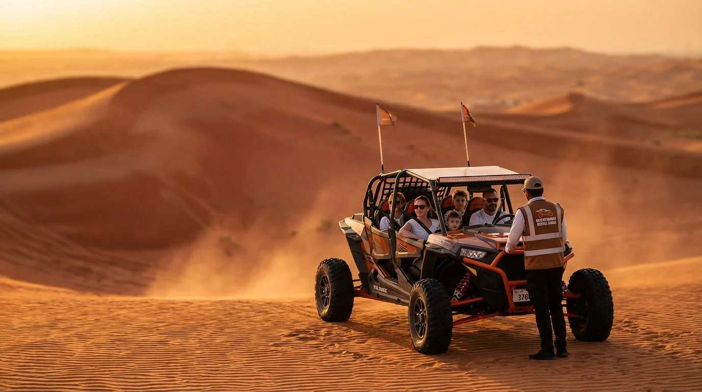 Tourists enjoying a thrilling morning desert safari in Abu Dhabi with dune buggies and quad bikes under clear skies