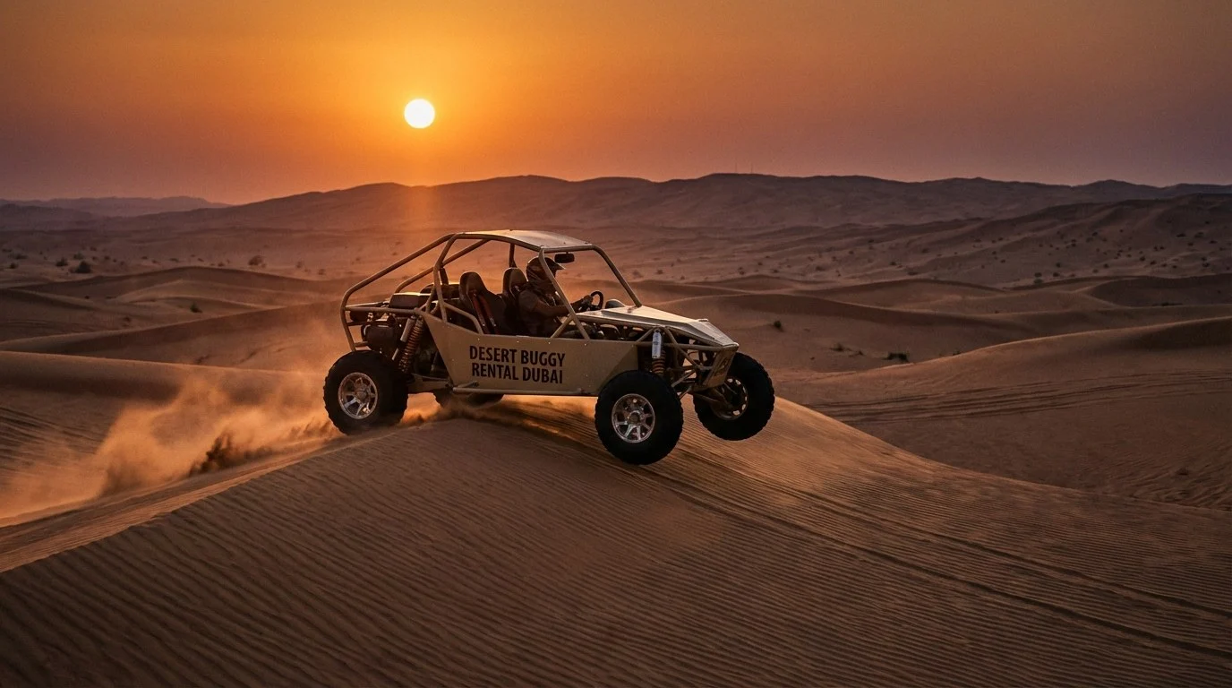 Tourists riding dune buggies across the long, forgiving ridgelines of Ras Al Khaimah's red desert belts at sunset