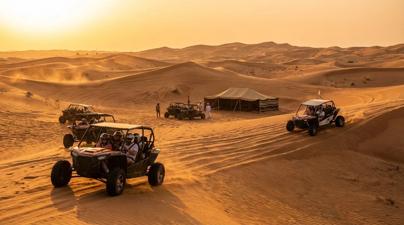 Tourists riding dune buggies across red Dubai dunes at sunset with a local guide leading the convoy