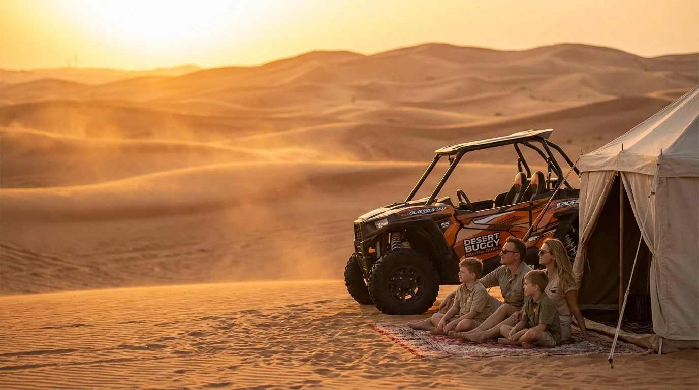 Families enjoying a desert safari in Ras Al Khaimah, with children on camel rides and adults trying sand-boarding
