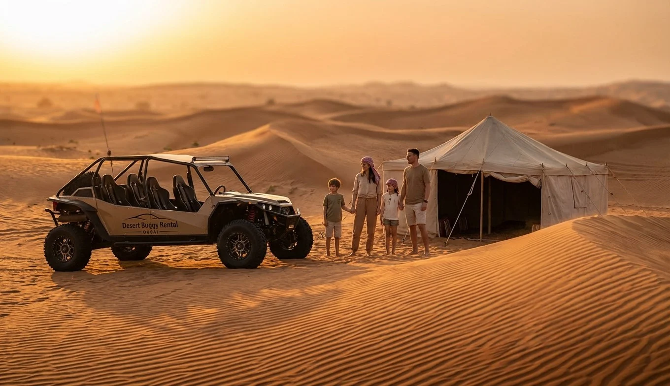A family enjoying a desert safari in Abu Dhabi, with a dune buggy in the foreground and red dunes stretching into the distance under a clear sky