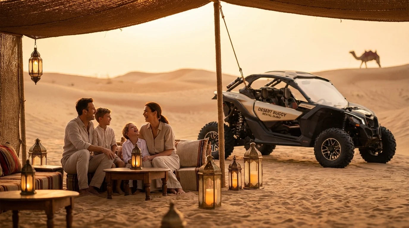 Family enjoying a sunset evening safari in Ras Al Khaimah, with golden light illuminating the desert dunes