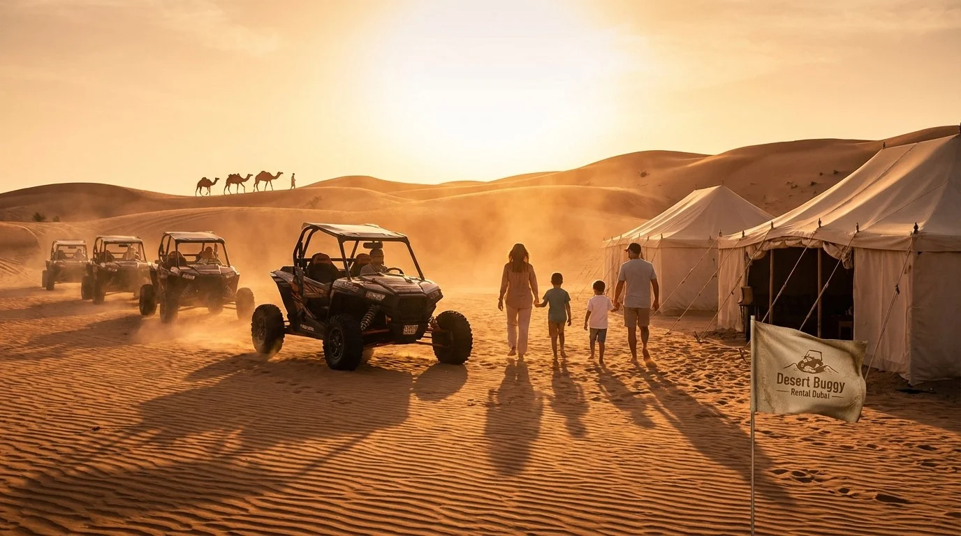 Tourists enjoying a vibrant desert sunset during an Evening Desert Safari in Dubai, with dunes and a camp in the background