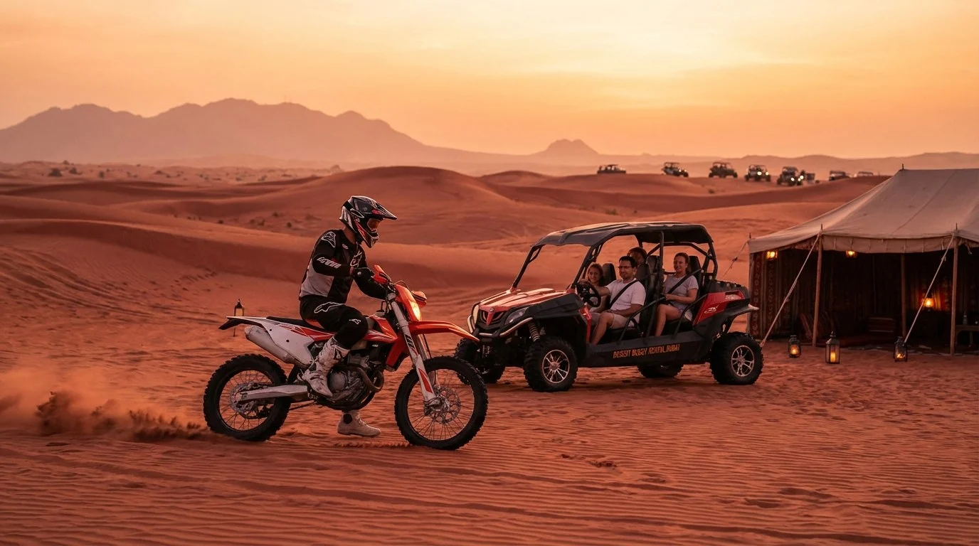 Tourists considering their options for desert activities in Dubai, with a KTM dirt bike visible in the background