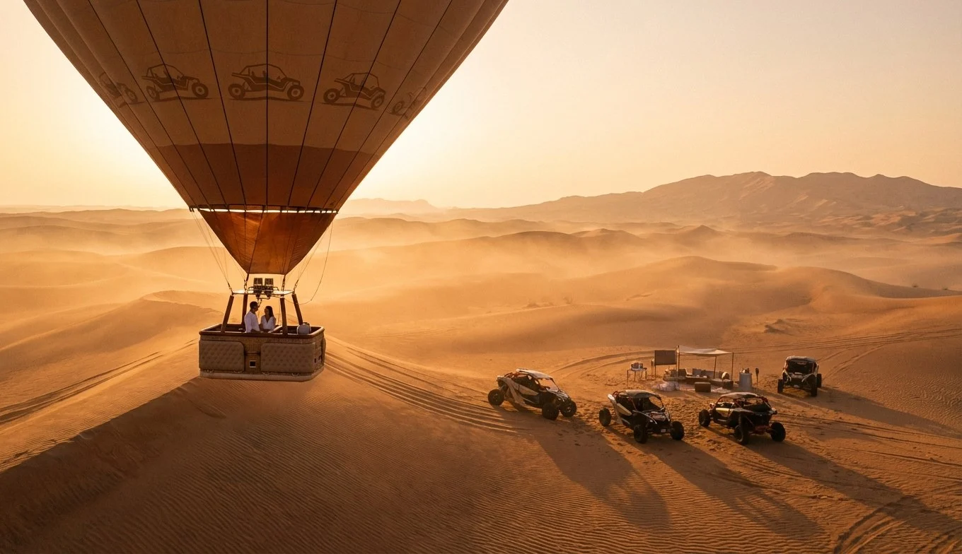 Hot air balloon baskets floating over the desert landscape of Abu Dhabi at sunrise, with golden light illuminating the dunes