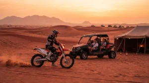 A group of tourists on KTM dirt bikes riding through the Lahbab Red Dunes desert in Dubai, with one rider in the foreground wearing a helmet